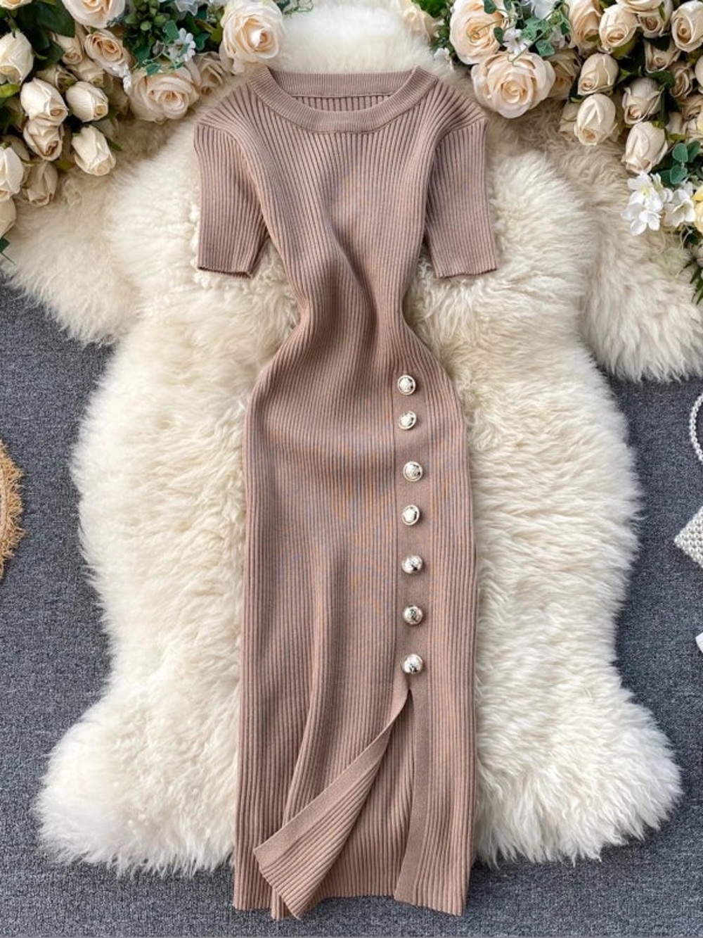 Ribbed Button-Detail Midi Dress in Taupe